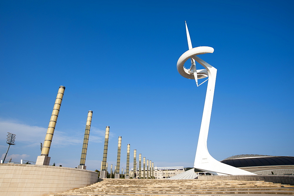 Telefonoca Tower by architect Santiago Calatrava, Montjuic, Barcelona, Catalonia, Spain, Europe