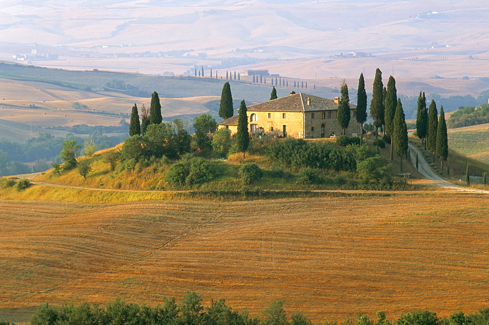 Sunrise near San Quirico d'Orcia, Val d'Orcia, Siena province, Tuscany, Italy, Europe