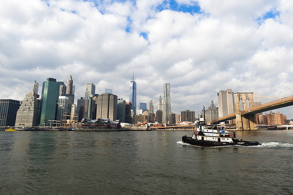 Manhattan skyline and Brooklyn Bridge, New York City, United States of America, North America