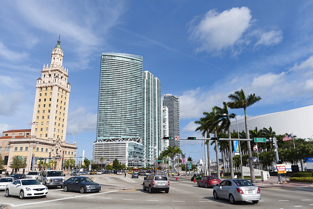 Freedom Tower and modern buildings along Biscayne road, Downtown, Miami, Florida, United States of America, North America