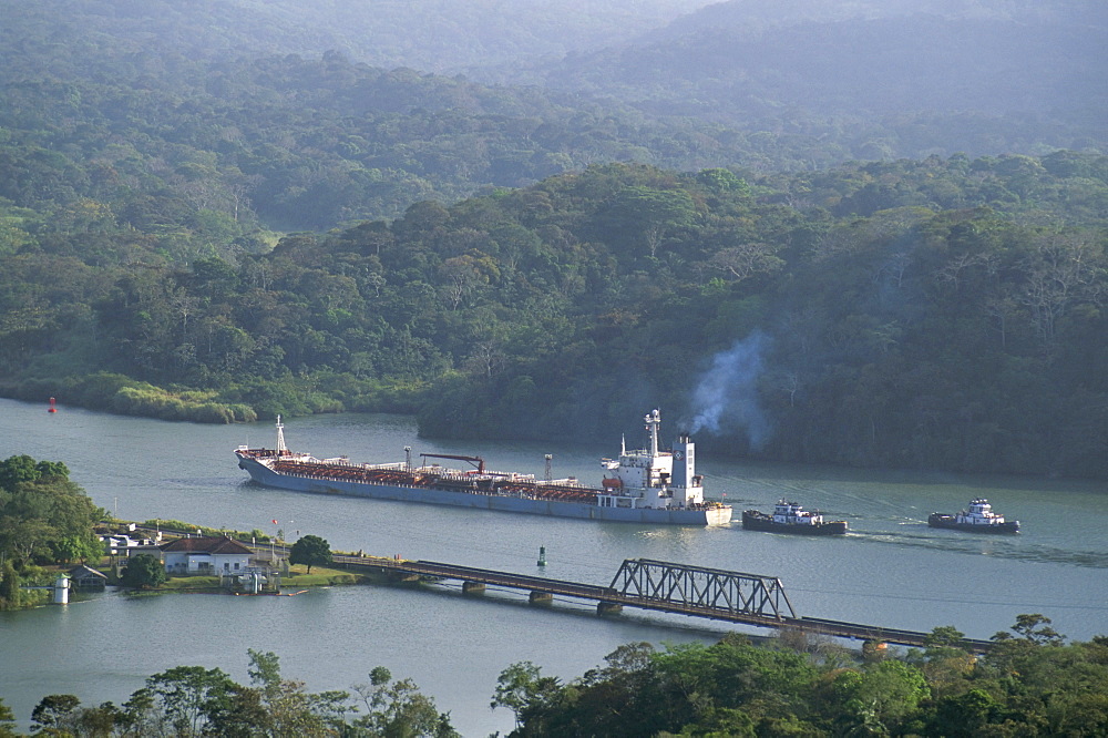 Cargo ship in Culebra Cut, Panama Canal, Panama, Central America