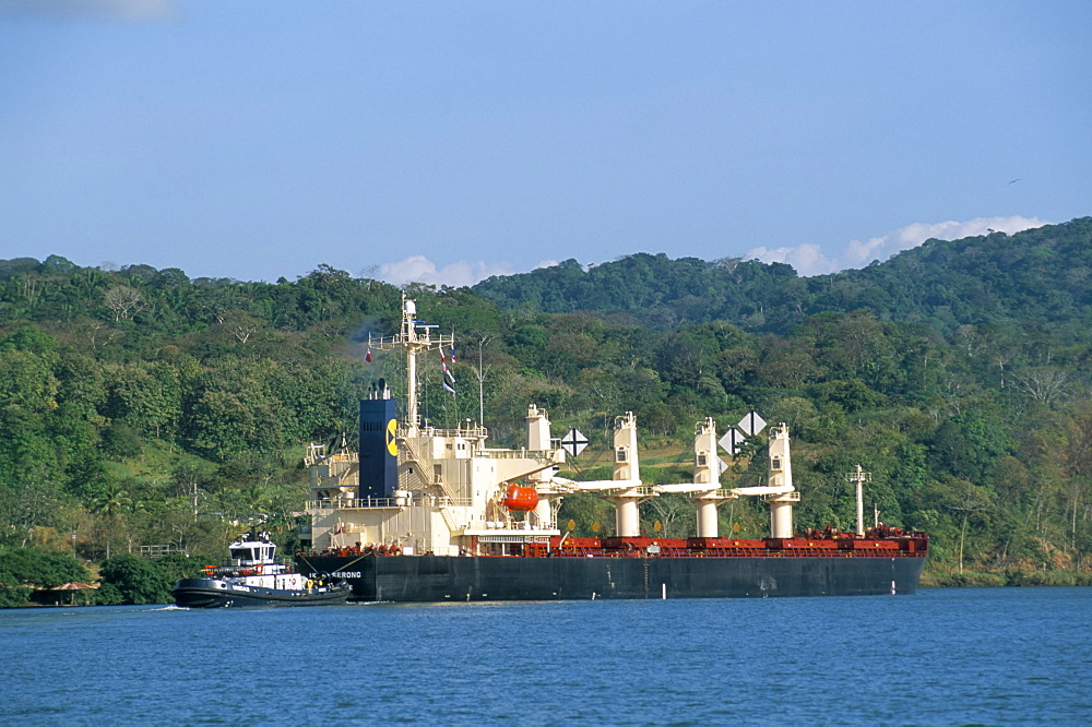 Cargo ship in Culebra Cut, Panama Canal, Panama, Central America