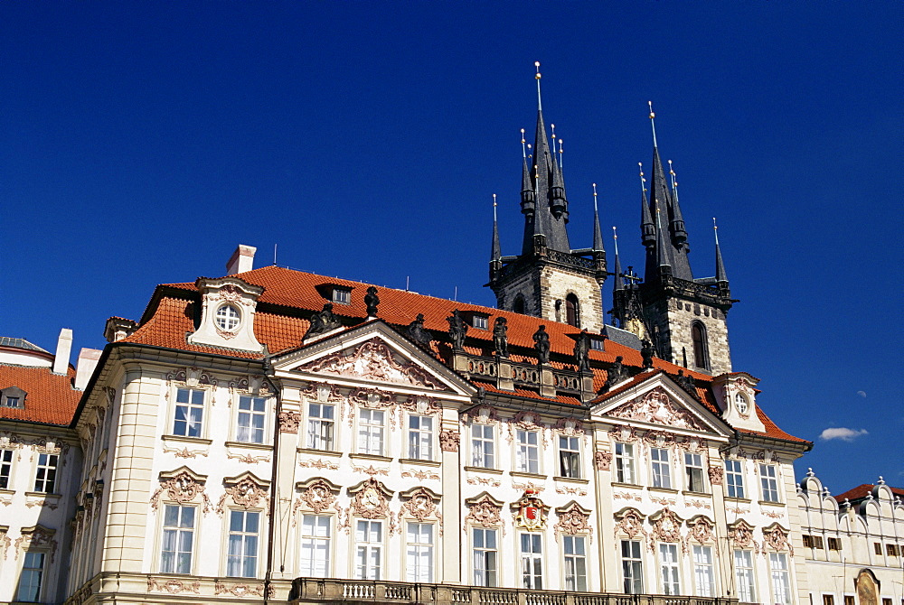 Golz-Kinsky Palace and Tyn church beyond, Old Town Square, Prague, Czech Republic, Europe