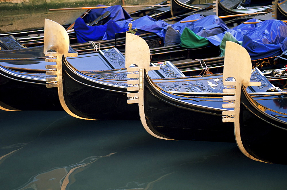 Row of gondolas, Venice, Veneto, Italy, Europe