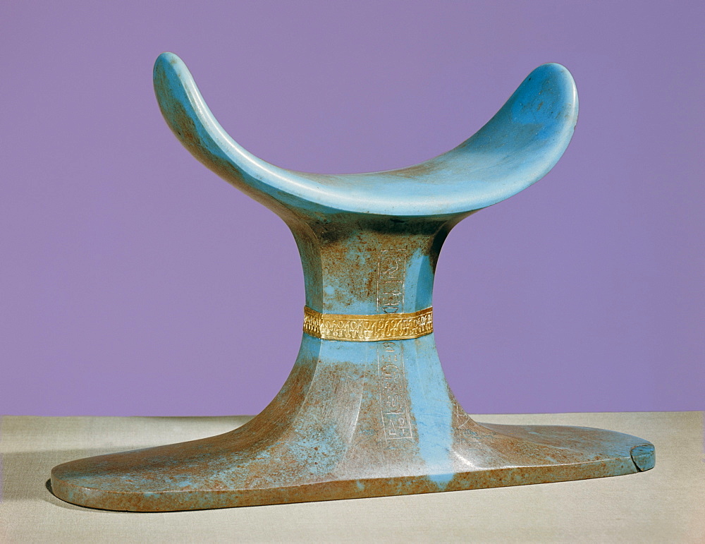 Opaque blue glass-paste funerary headrest with gold frieze, from the tomb of the pharaoh Tutankhamun, discovered in the Valley of the Kings, Thebes, Egypt, North Africa, Africa