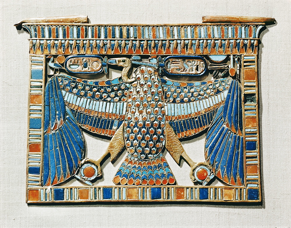 Pectoral decorated with the vulture of Upper Egypt, made of gold cloisonne inlaid with glass paste, from the tomb of the pharaoh Tutankhamun, discovered in the Valley of the Kings, Thebes, Egypt, North Africa, Africa