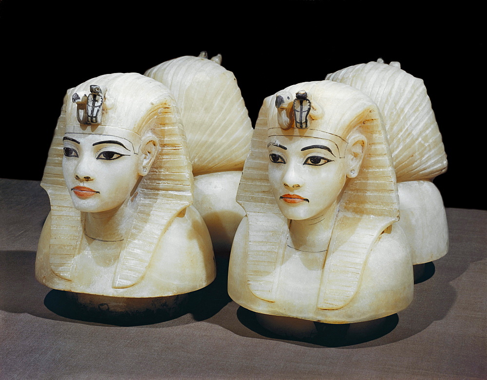 Stoppers in the form of the king's head from the four canopic urns, from the tomb of the pharaoh Tutankhamun, discovered in the Valley of the Kings, Thebes, Egypt, North Africa, Africa