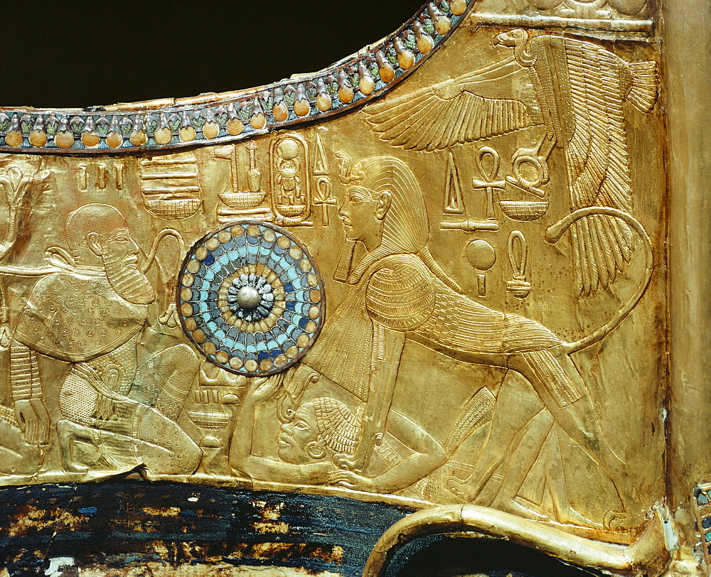 Detail from a state chariot showing the king as a sphinx trampling the enemies of Egypt underfoot, from the tomb of the pharaoh Tutankhamun, discovered in the Valley of the Kings, Thebes, Egypt, North Africa, Africa