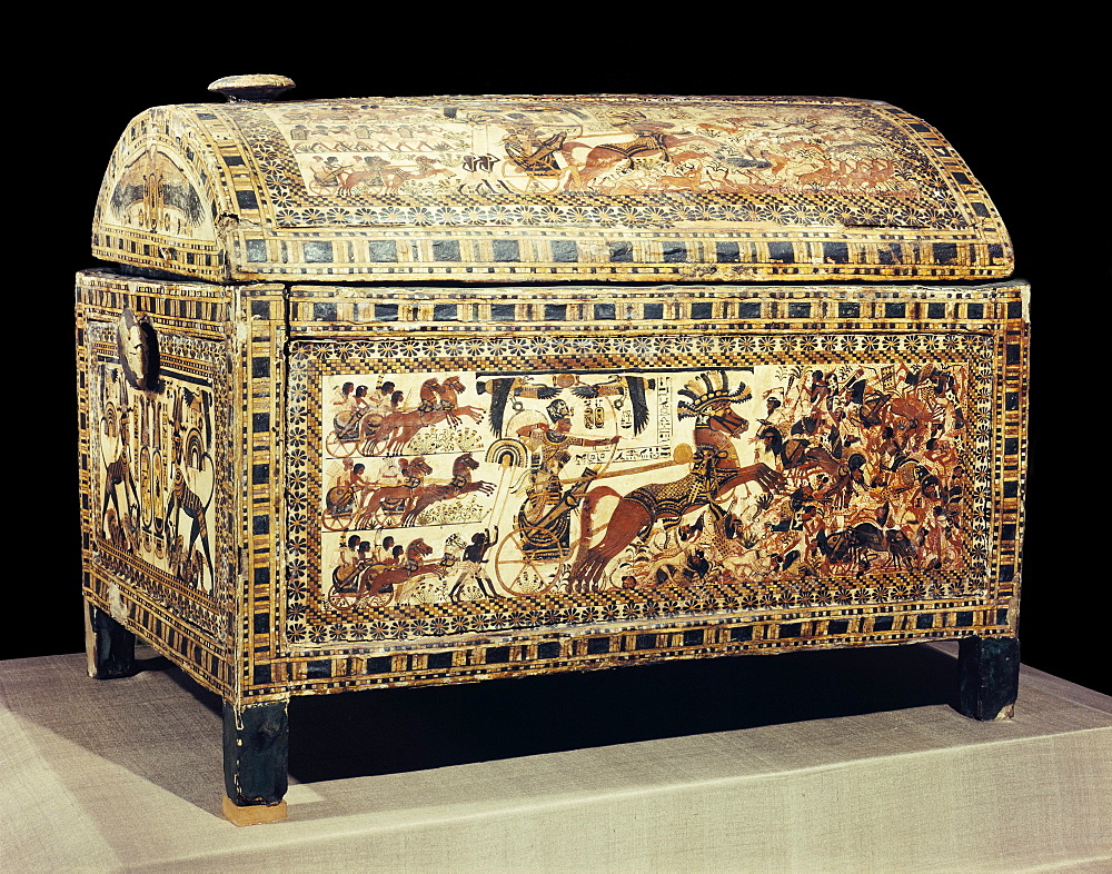 The painted box of stuccoed wood showing the king in his chariot, from the tomb of the pharaoh Tutankhamun, discovered in the Valley of the Kings, Thebes, Egypt, North Africa, Africa