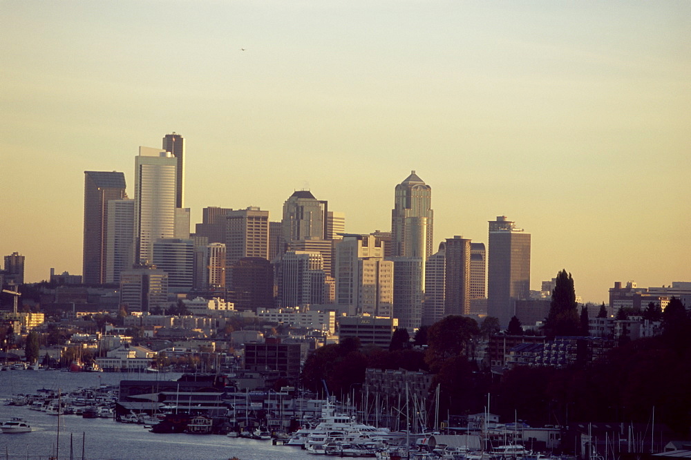 City skyline at sunset, Seattle, Washington, United States of America, North America