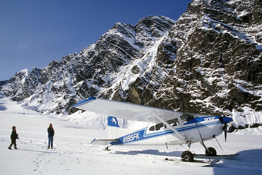 Small plane landed on glacier in Denali National Park, Alaska, United States of America, North America