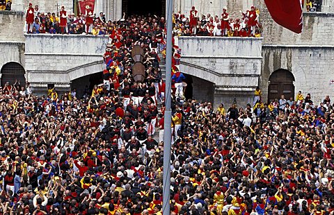 Crowd in Piazza del Comune, La Corsa dei Ceri feast on 15th of May, Gubbio, Umbria, Italy