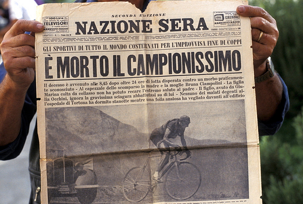 Fausto Coppi obituary notice, Granfondo Eroica bicycle race, Gaiole In Chianti, Tuscany, Italy