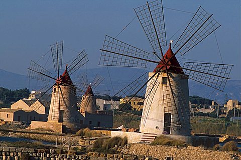 Mills in the saltworks, Marsala, Sicily, Italy