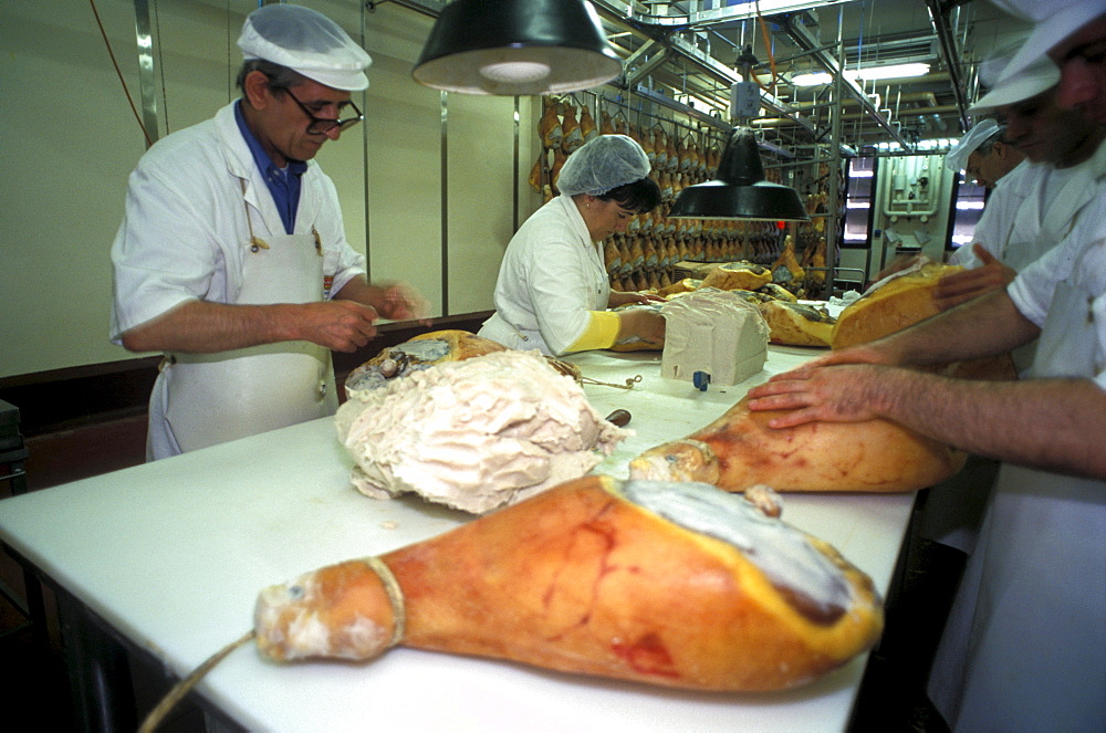 Preparation of ham, Prosciuttificio Unibon, Langhirano, Emilia Romagna, Italy