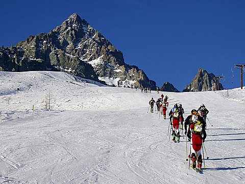 Skiers, Monviso mountain, Piedmont, Italy