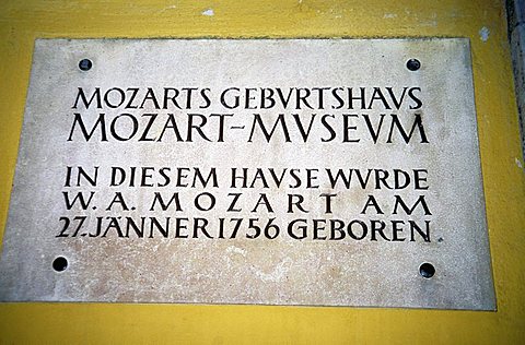 Sign of Mozart's Birthplace in Getreidegasse, Salzburg, Austria, Europe