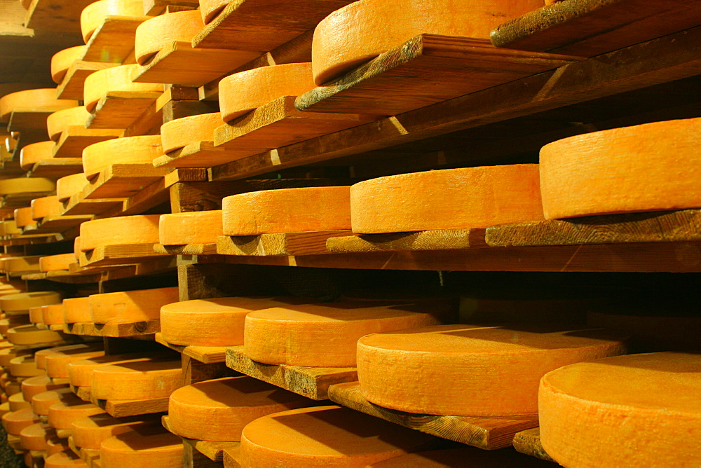 Maturing of Raclette cheese, Peule alpeggio, Val Ferret, Pays du Saint Bernard, Switzerland, Europe