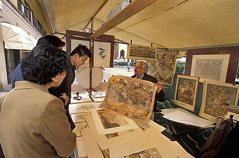 Stall selling prints, Piazza del Carmine, Milan, Lombardy, Italy