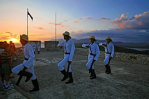 The lowering of the flag, Castle of Morro (Castillo del Morro), Santiago de Cuba, Cuba, West Indies, Central America