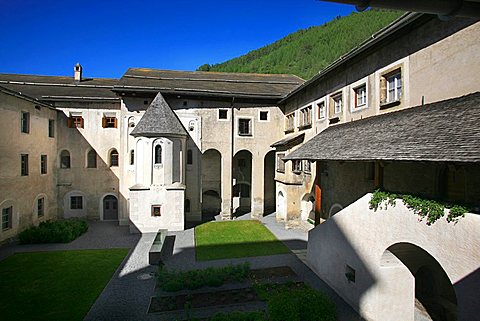 Courtyard, St. Johann Mustair monastery, Mustair, Val Monastero, Bassa Engadina, Switzerland, Europe