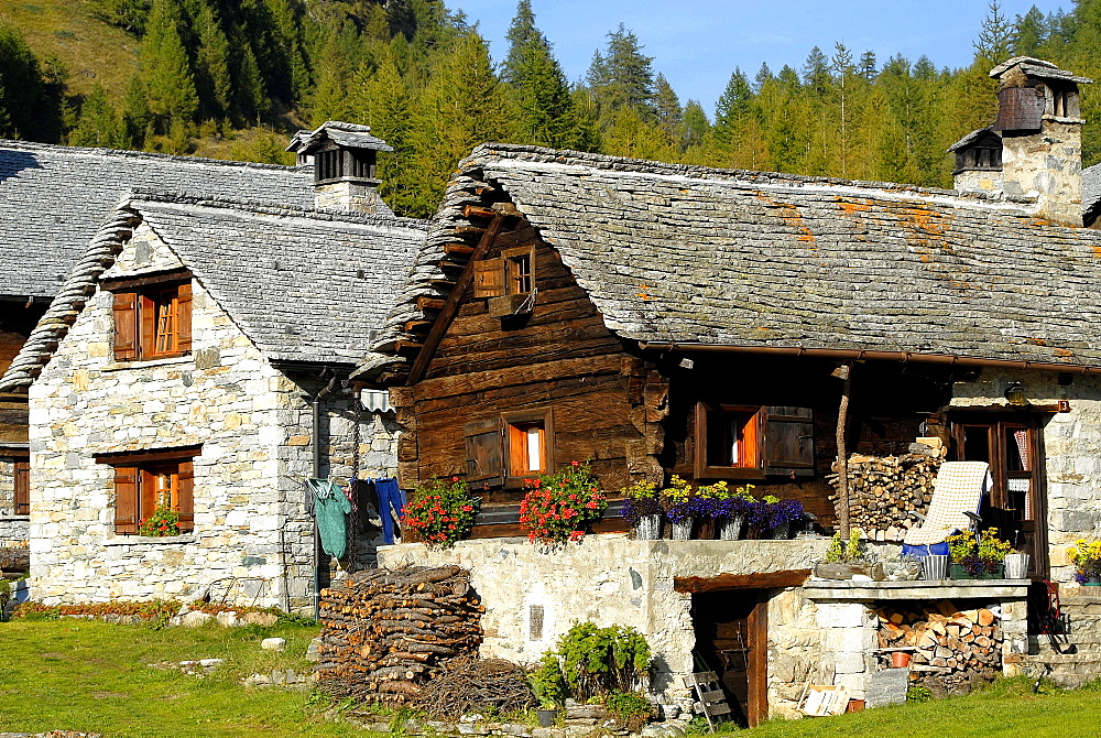 mountain hut in Crampiolo, Alpe Devero Park, Ossola Valley, Verbania province, Italy