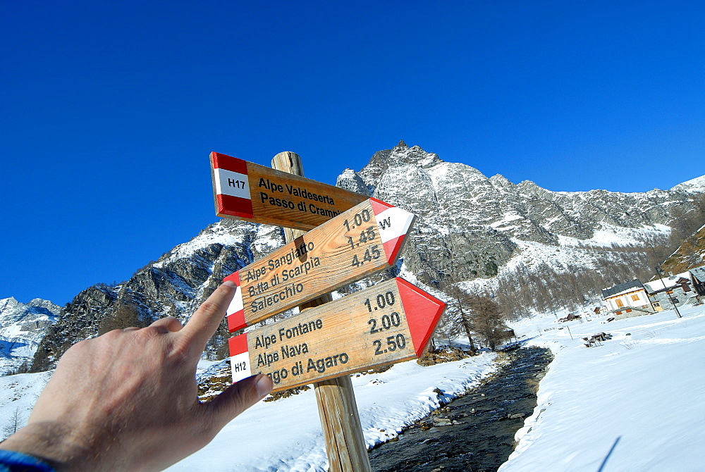 Path sign in Crampiolo, Alpe Devero, Ossola Valley, Verbania province, Piedmont, Italy 