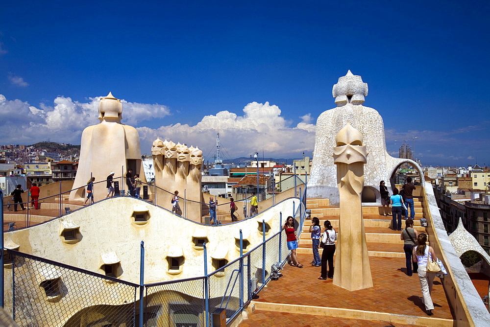 Chimney roof, La Pedrera (Casa Milà) of Antoni Gaudì, Passeig de Gràcia, Barcelona, Spain, Europe