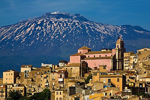 Cityscape Centuripe and Etna volcano, Sicily, Italy