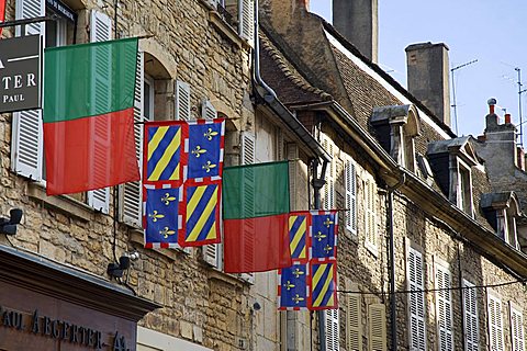 Facade with flags, Beaune, Bourgogne, Burgundy, France, Europe