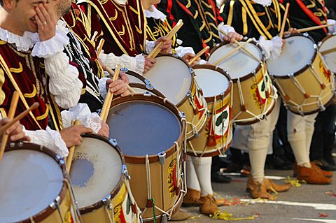 Drummers, Sartiglia feast, Oristano, Sardinia, Italy, Europe  