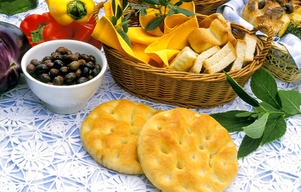 Focaccia and olives, Ligury, Italy