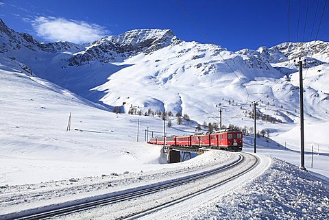 Bernina Express near Bernina Pass, Engadin, canton of Graubvºnden, Switzerland, Europe