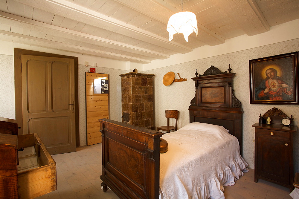 Casa Andriollo museum, traditional old bed room, Olle di Borgo Valsugana, Trentino Alto Adige, Italy, Europe