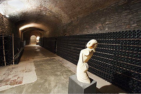 Bosca underground wine cathedral in Canelli, sculpture of the artist P. Spinoglio, Asti, Piedmont, Italy, Europe