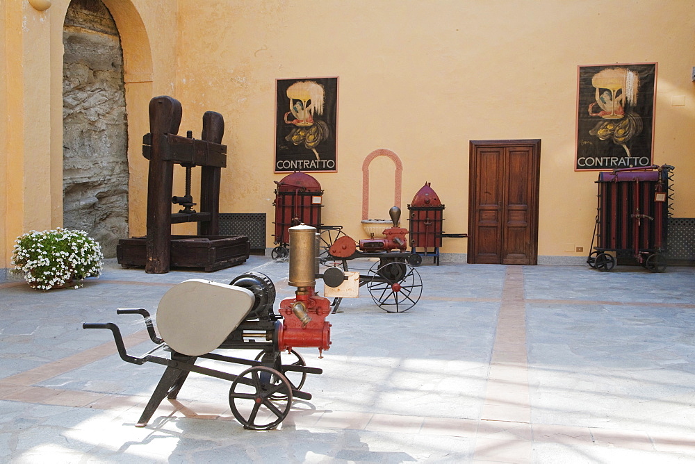 Contratto wine producer in Canelli, the big room called " sac room" devoted to a collection of ancient tools and machines for manufacturing wine, Asti, Piedmont, Italy