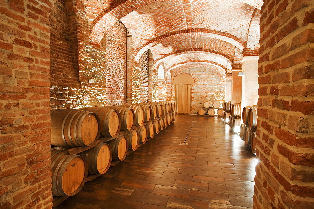 Gancia underground wine cathedral in Canelli, the barrels made by oak wood and named "barriques" where the wine is maturing, Asti, Piedmont, Italy, Europe