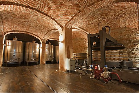 Gancia underground wine cathedral in Canelli, wine press double unit and thanks for traditional spumante production, Asti, Piedmont, Italy, Europe