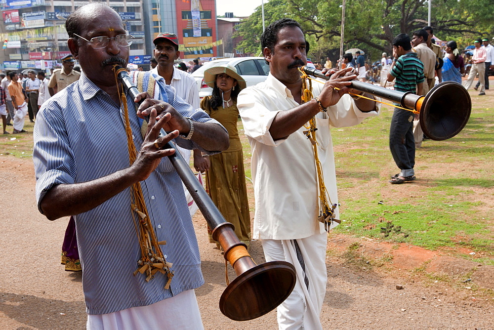 Local musicians taking part to the celebration of the festival, Thrissur Pooram festival, Thrissur, Kerala, India, Asia