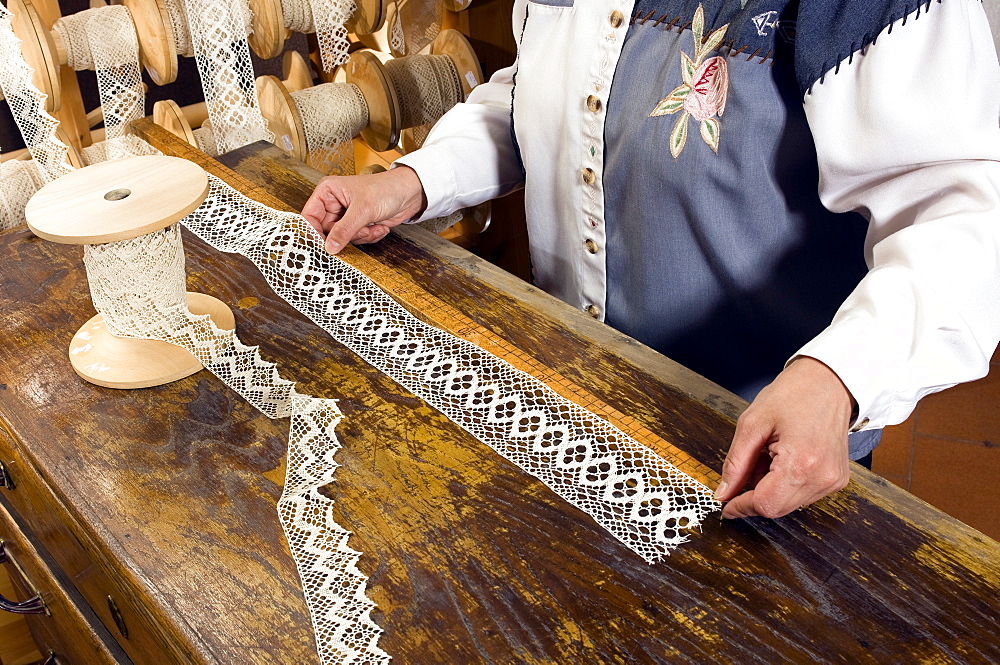 Lace and lace pillow, Handicraft, Cogne, Valle d'Aosta, Italy, Europe