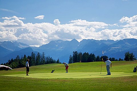 Golf course, Dolomiti Golf Club, in the background Dolomiti di Brenta, Cavareno, Sarnonico plateau, Non valley, Trentino Alto Adige, Italy, Europe