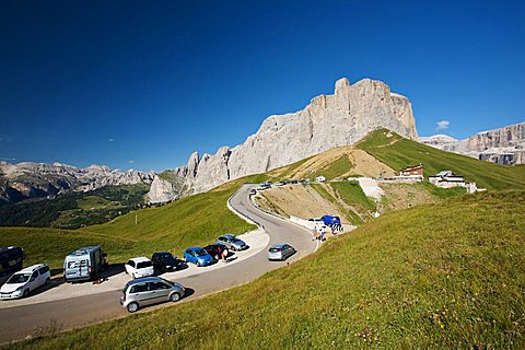 Dolomitic mountain at Sella pass with view of Sass Pordoi mountain, Fassa and Gardena valley, Trentino Alto Adige, Italy, Europe