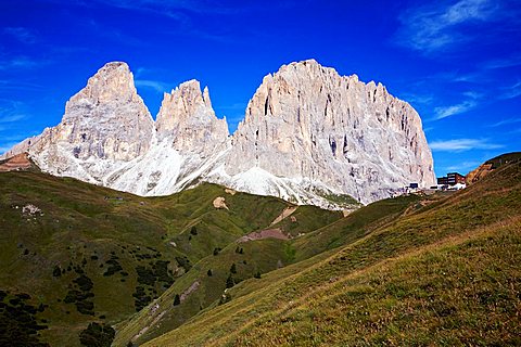 Landscape on Sella pass and view on  Dolomitic group  of  Sasso Lungo, Fassa valley, Trentino Alto Adige, Italy, Europe