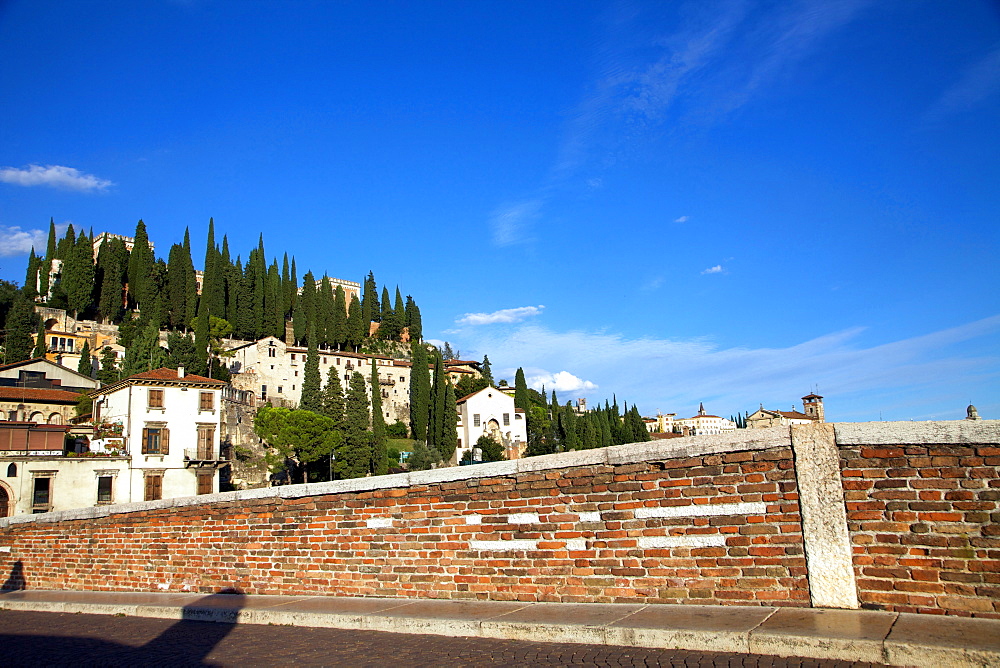 View of Pietra bridge on Adige river and  Roman theatre in old town of Verona, Veneto, Italy, Europe