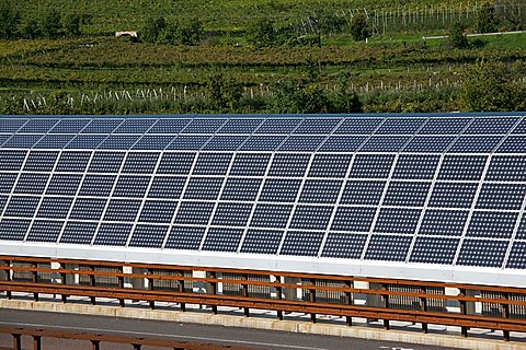 Photovoltaic system near Brennero railway, A22, Isera, Vallagarina, Trentino Alto Adige, Italy, Europe