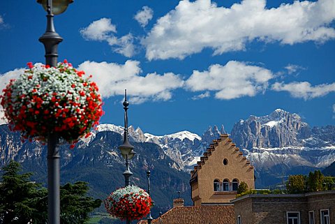 View of Catinaccio mountain from Bolzano town, Dolomiti, Sudtirol, Alto Adige, Italy, Europe