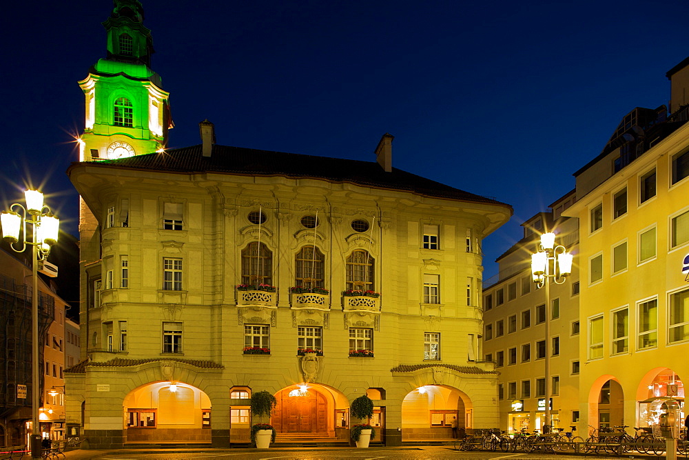 Town hall palace at night, Municipio square, Bolzano, Alto Adige, Italy, Europe