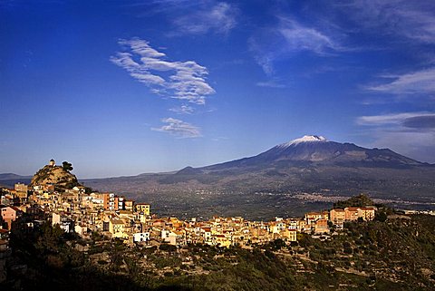 Cityscape of Centuripe, in the background Etna volcano, Centuripe, Sicily, Italy