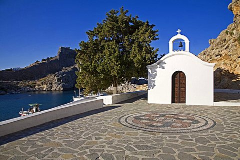 Church in Saint Paul bay, Lindos, Rhodes Island, Dodecanese, Greek Islands, Grece, Europe