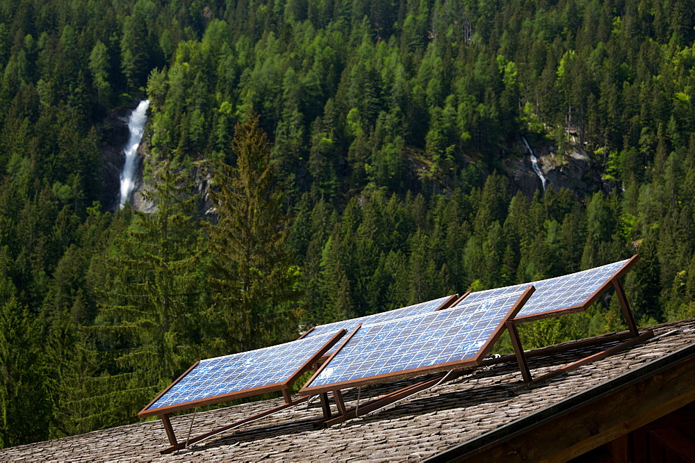 larch scandole and photovoltaic panel at Genova valley, Natural Park Adamello Brenta, Rendena, Giudicarie, Trentino, Italy